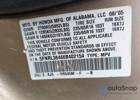 2006 Honda Odyssey Ex from USA, damaged, VIN 5FNRL38466B402154